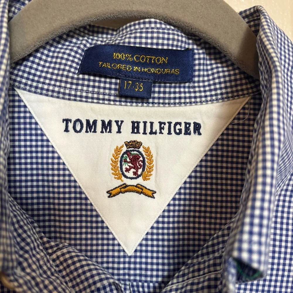 Tommy‎ Hilfiger Men’s Shirt Button Down Checkered 100% Cotton Blue Size 17 35